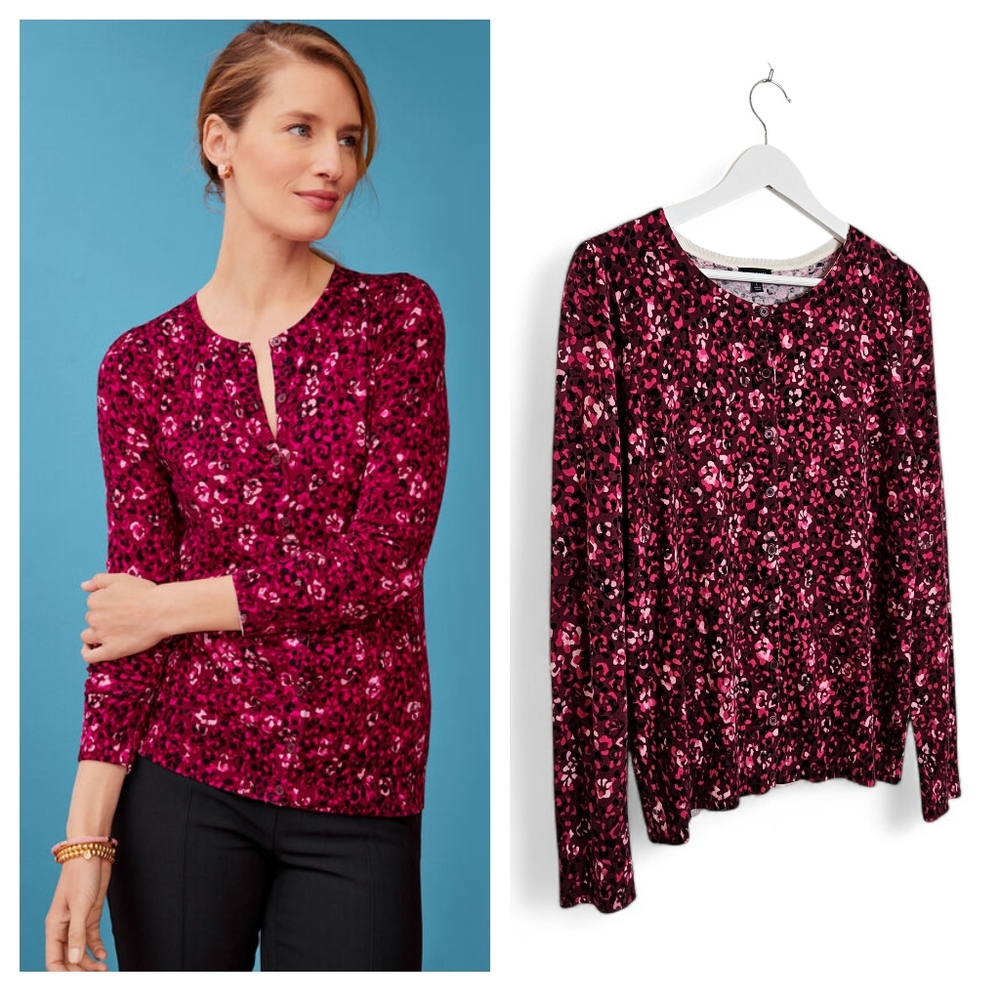 Talbots Charming Cardigan Size L Leopard Floral Button Front Pink Burgundy Black